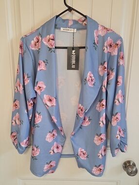 NWT 🪷 Doublju Blue Floral Open Blazer with Pink Blooms